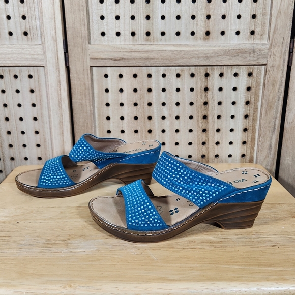 Via Pinky Rhinestone Slides Wedge Sandals Blue Sparkle Summer Shoes - Picture 2 of 7